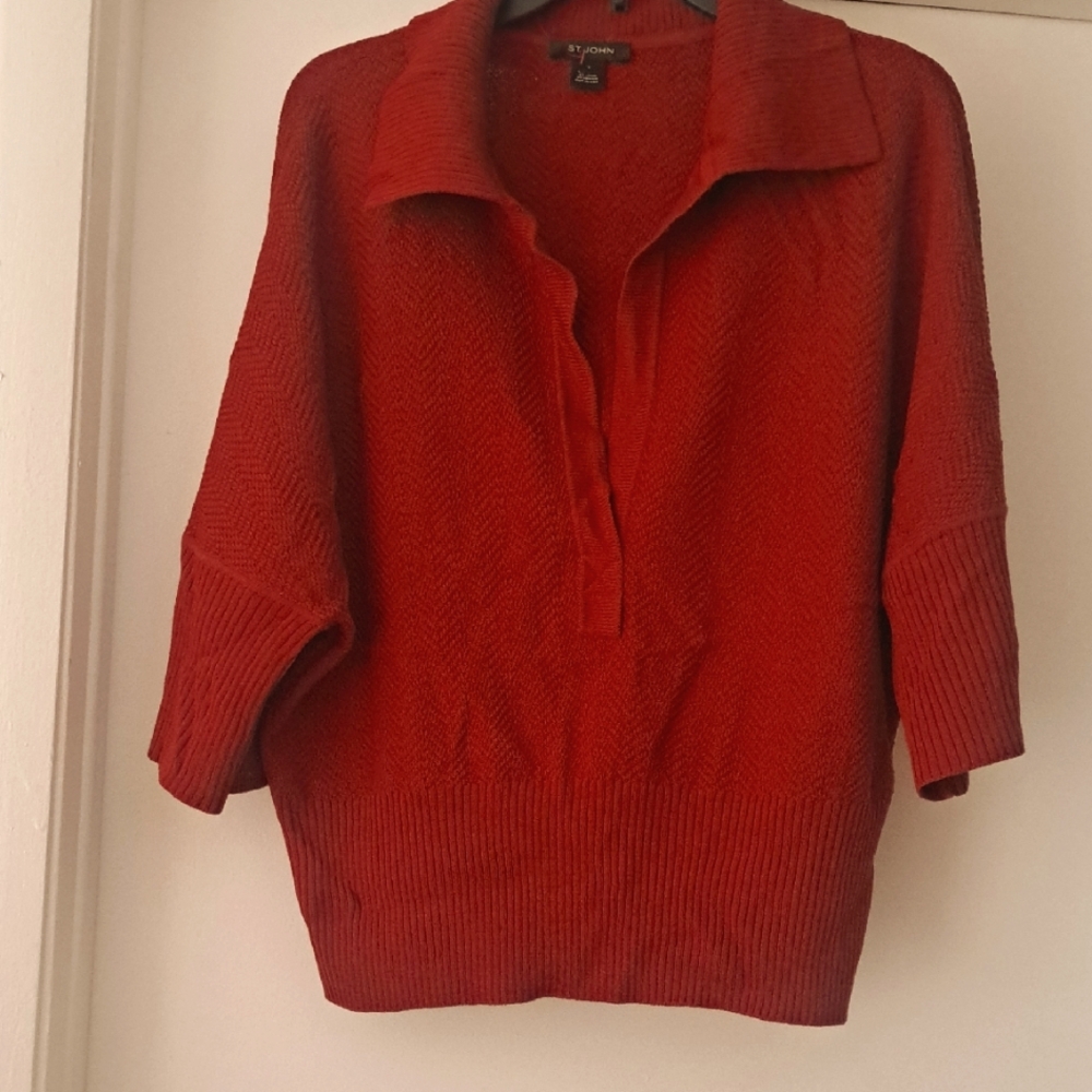 St John Short 3/4 Sleeve Herringbone Design Collared Sweater Relaxed Fit In Rust